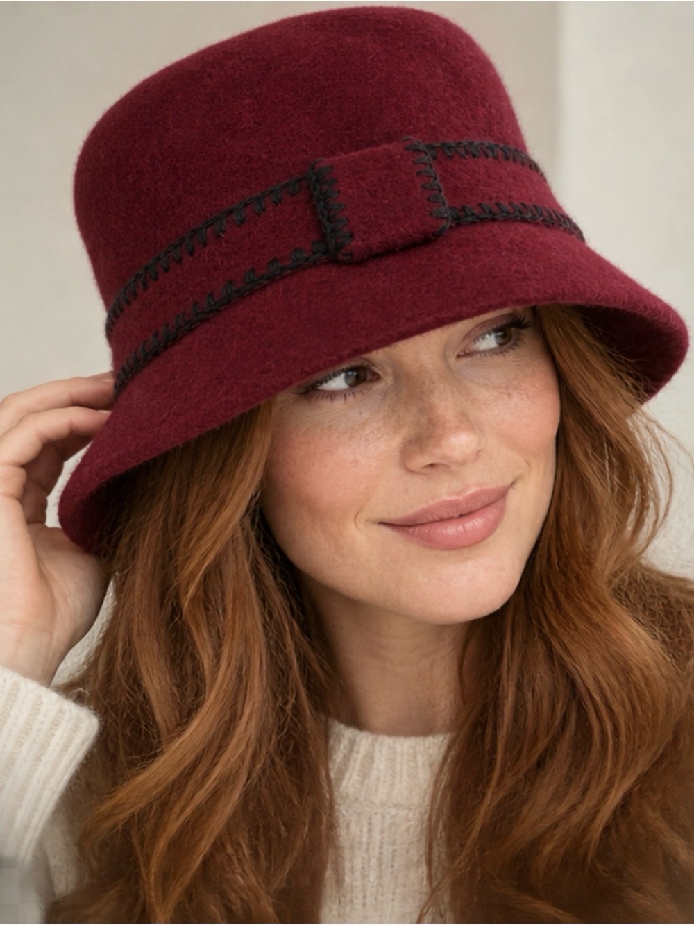 Wool Cloche Hat in Deep Burgundy with Contrast Stitching